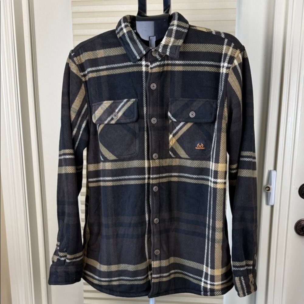 Realtree Men’s Sherpa Lined Flannel Shacket Jacket Brown Beige Plaid NWOT L